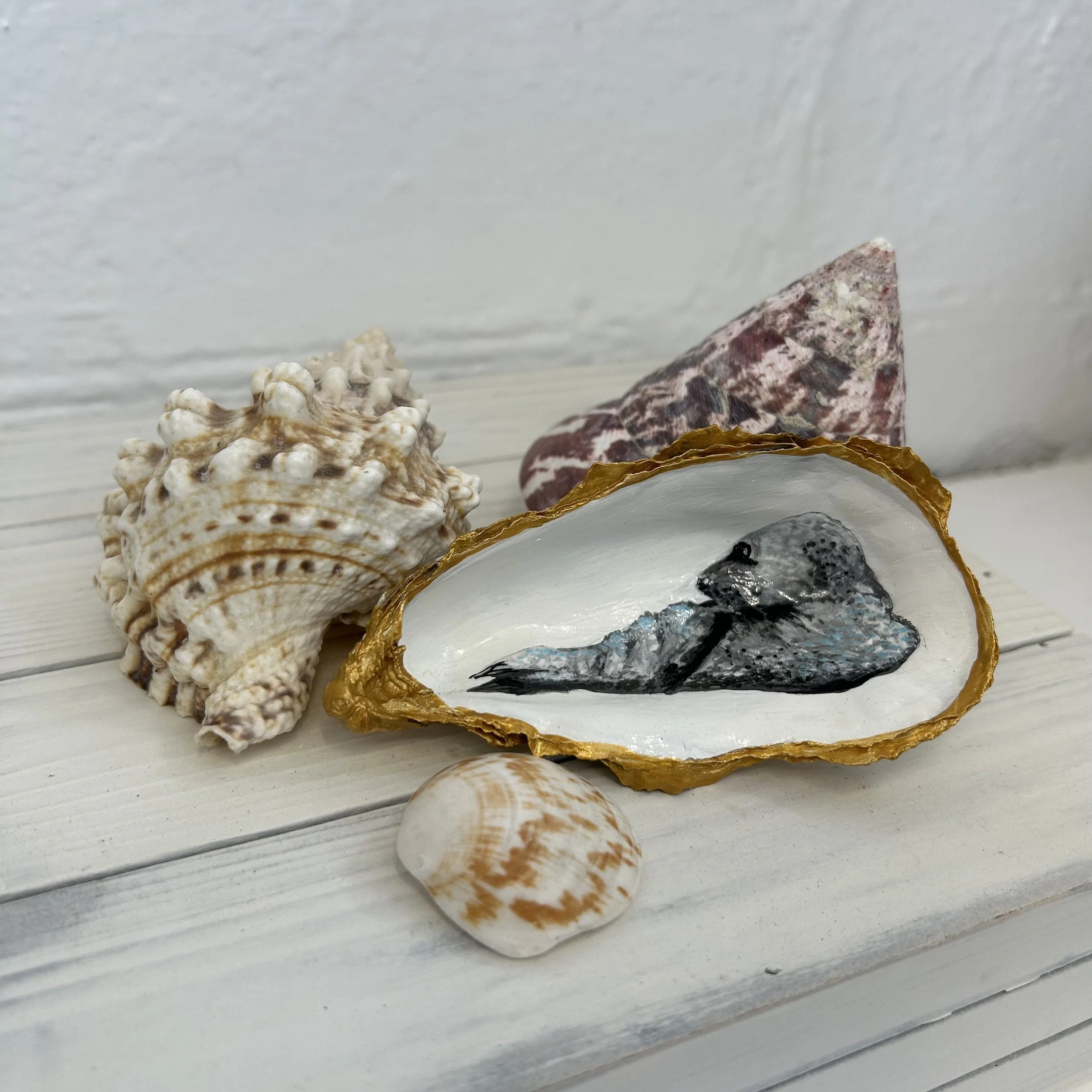 Seal Hand Painted Oyster Shell Trinket Dish