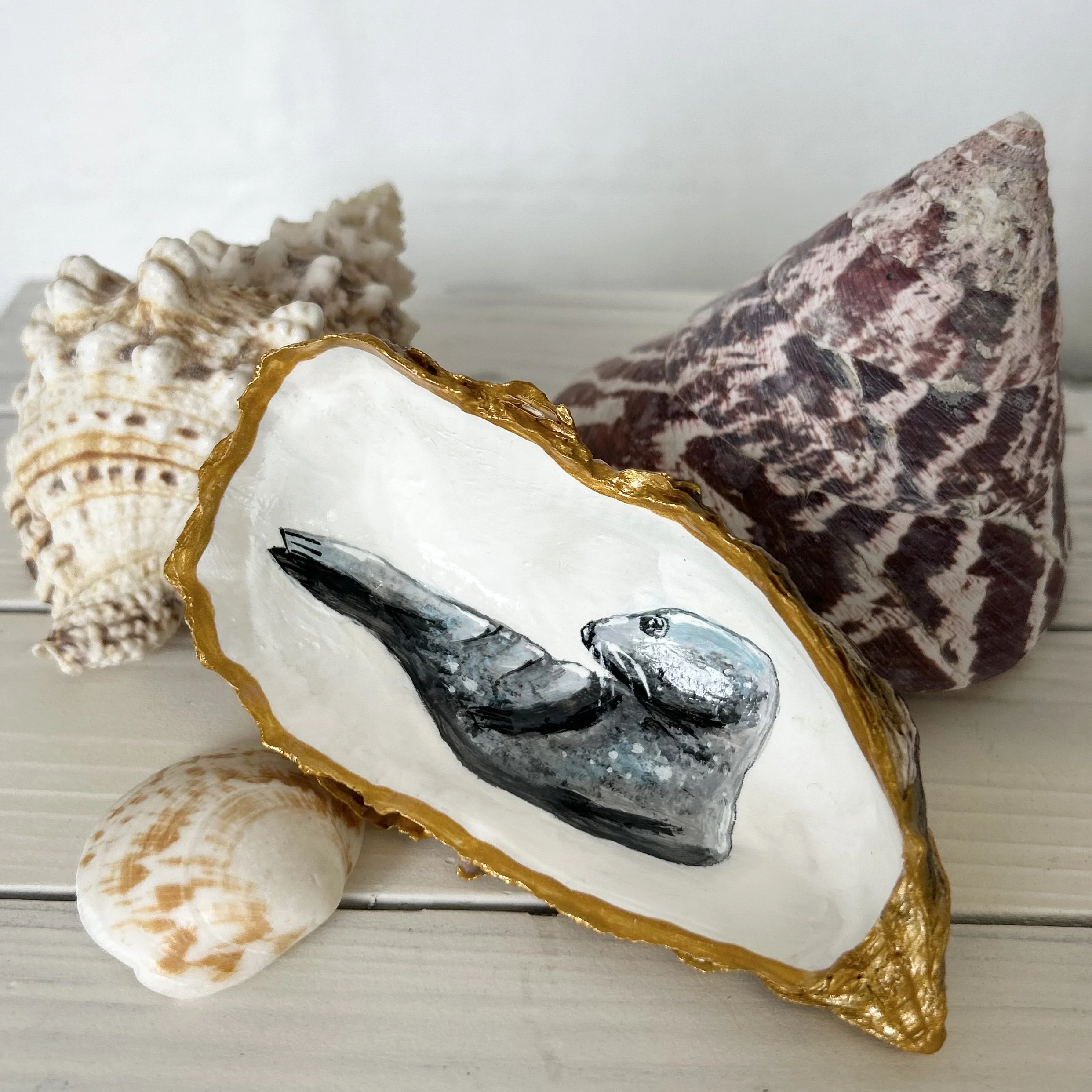 Seal Hand Painted Oyster Shell Trinket Dish