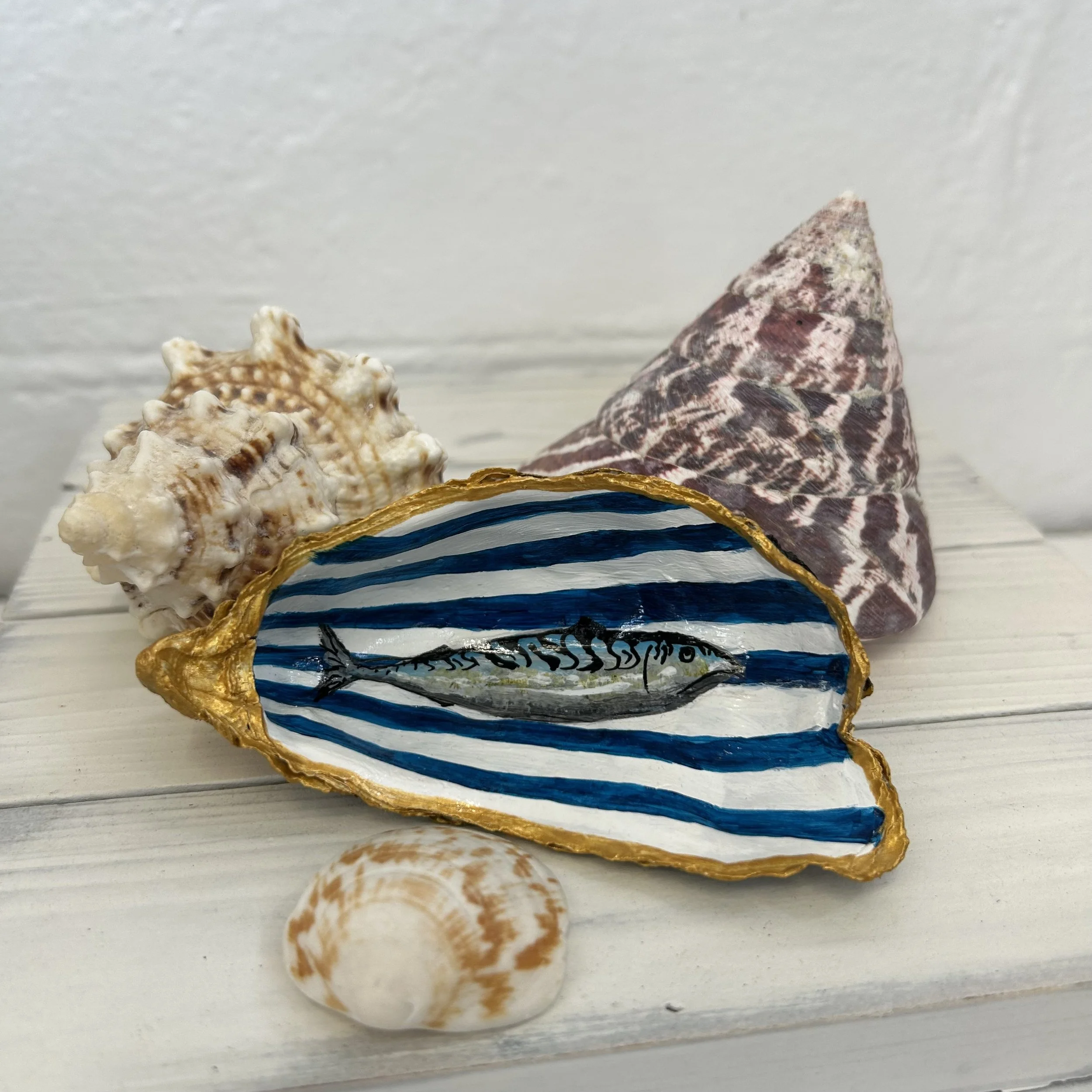 Mackerel Hand Painted Oyster Shell Trinket Dish