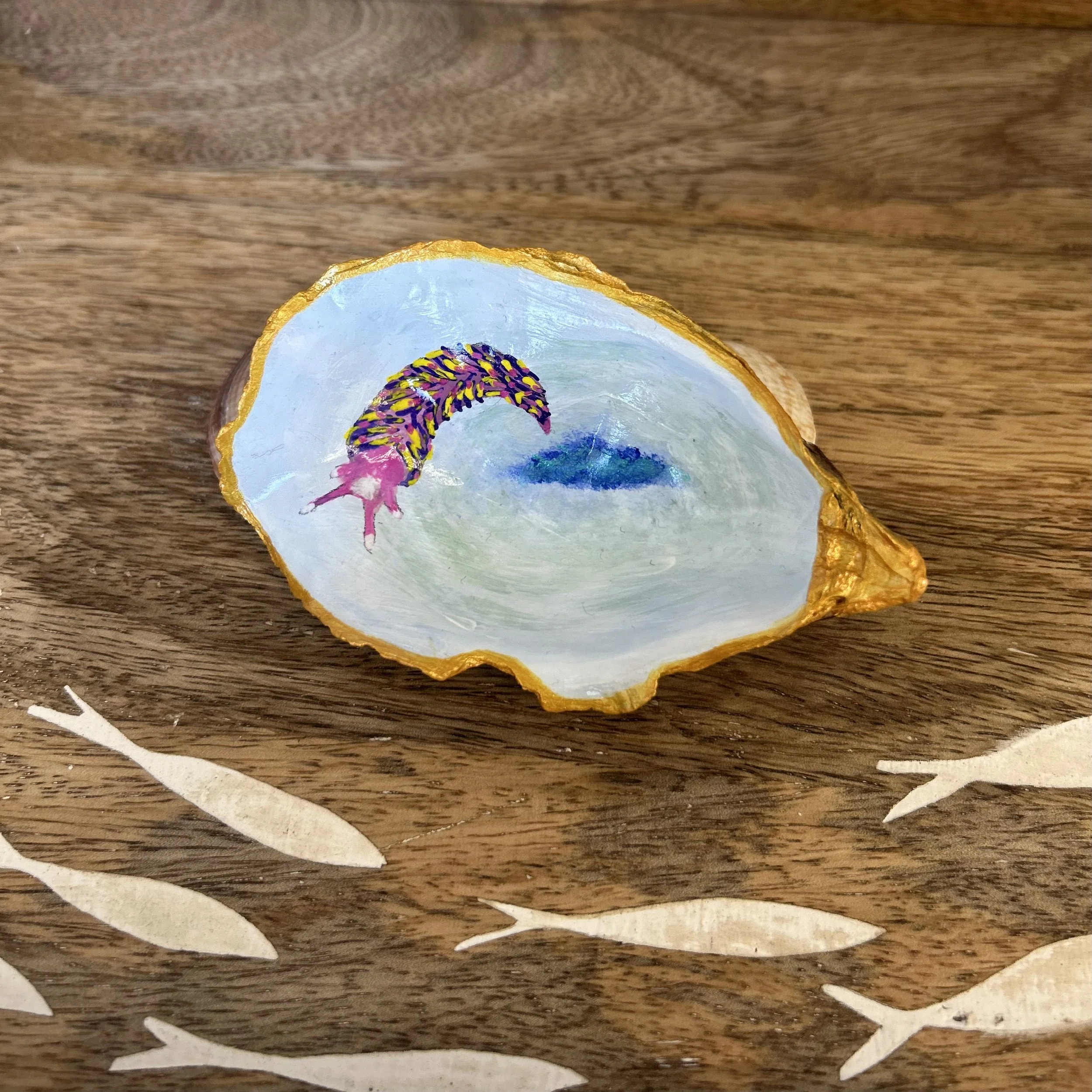 Rainbow Seaslug Hand Painted Oyster Shell Trinket Dish