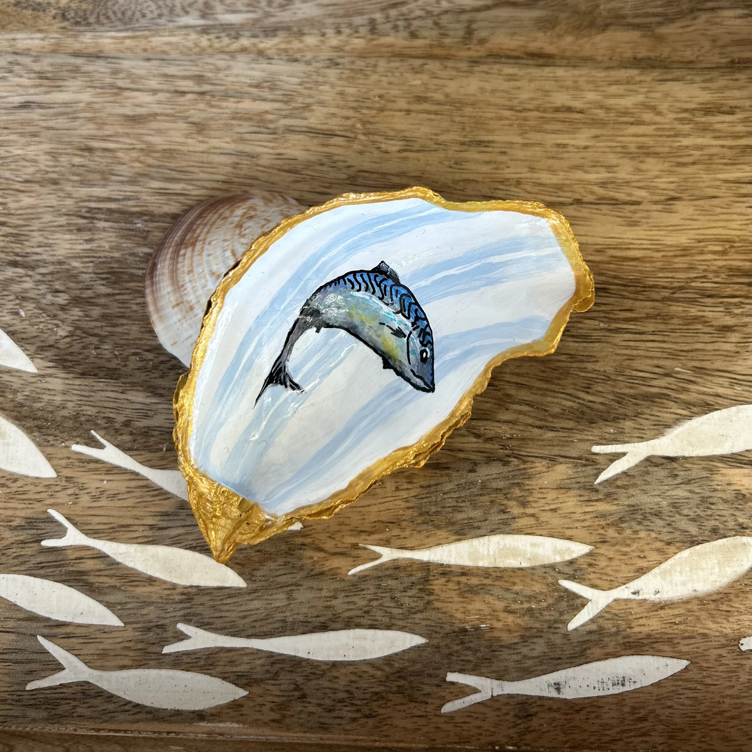 Mackerel Hand Painted Oyster Shell Trinket Dish