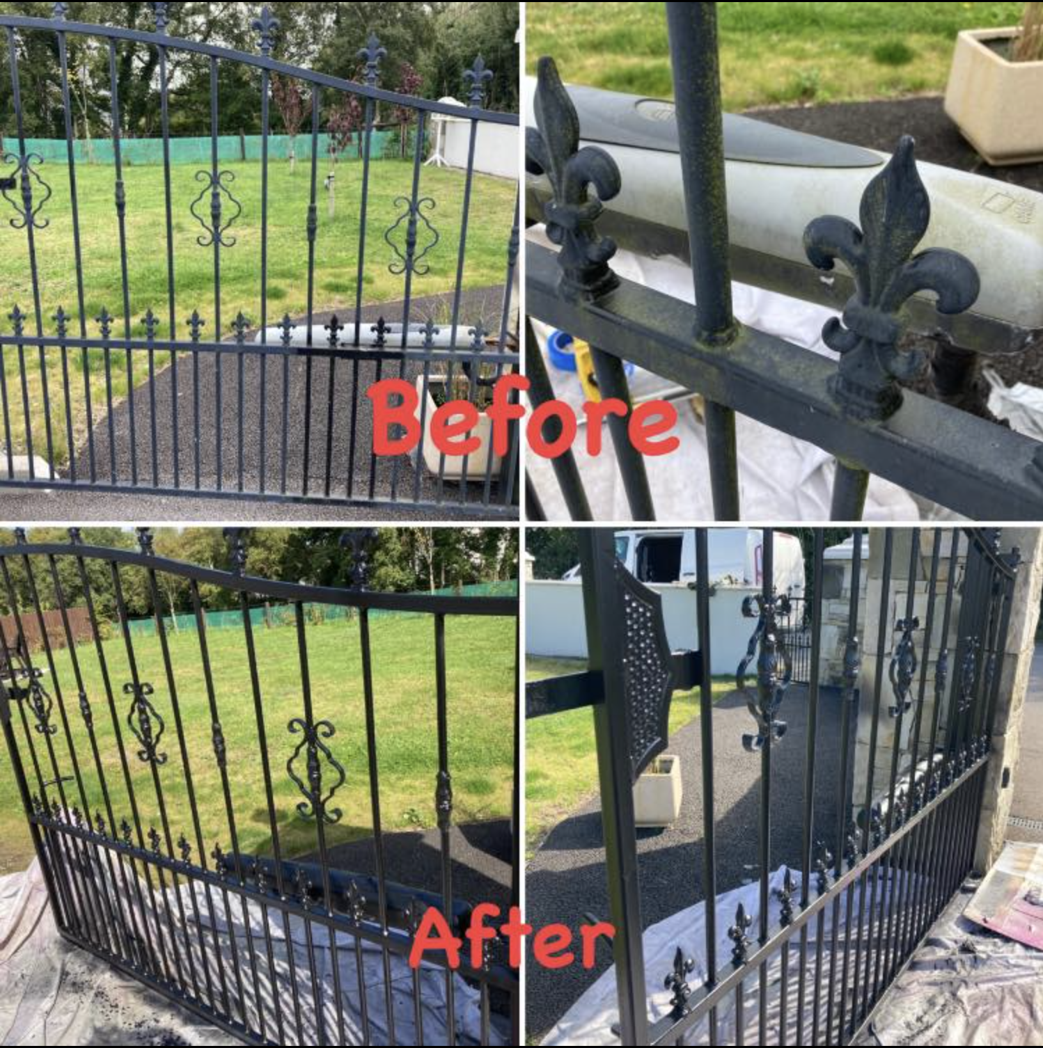 Comparison of a black wrought iron fence before and after cleaning and restoration. Top images show the fence with dirt and weathering, while bottom images show the fence cleaned, painted, and restored to a shiny black finish.