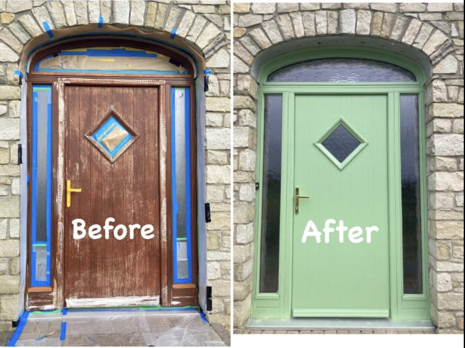 Comparison of a door before and after redoing. The left side shows a weathered wooden door with a diamond window, surrounded by painter's tape. The right side shows the same door newly painted bright green with a diamond window, also framed with pain