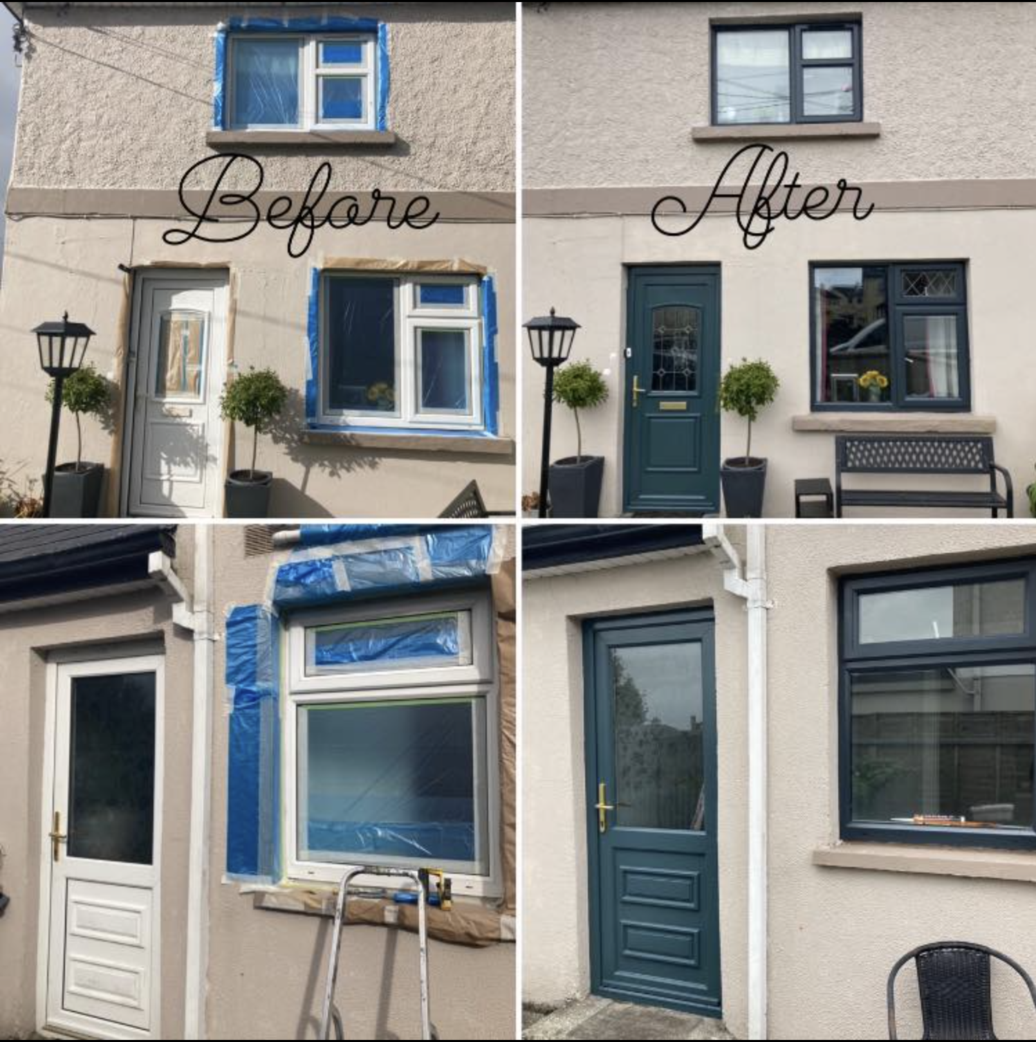 Gallery of four photos showing the before and after of exterior house renovation, featuring new windows, doors, and outdoor decor.