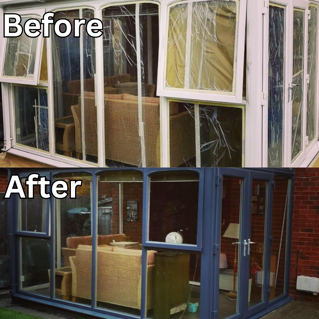 Comparison of a glass sunroom before renovation with broken and cloudy panels, and after renovation with new blue frame and clean glass panels, showing furniture inside.