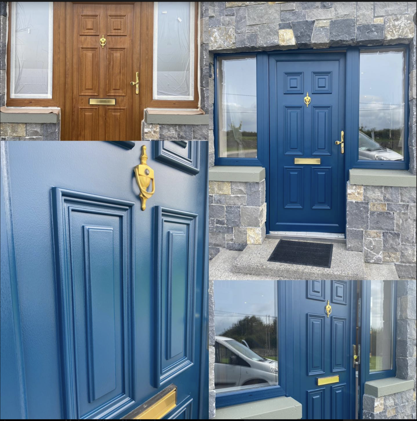 Multiple views of a house front door with a stone exterior, featuring a dark blue door with decorative panels, a brass handle, a mail slot, a brass door knocker, and large windows on each side of the door.