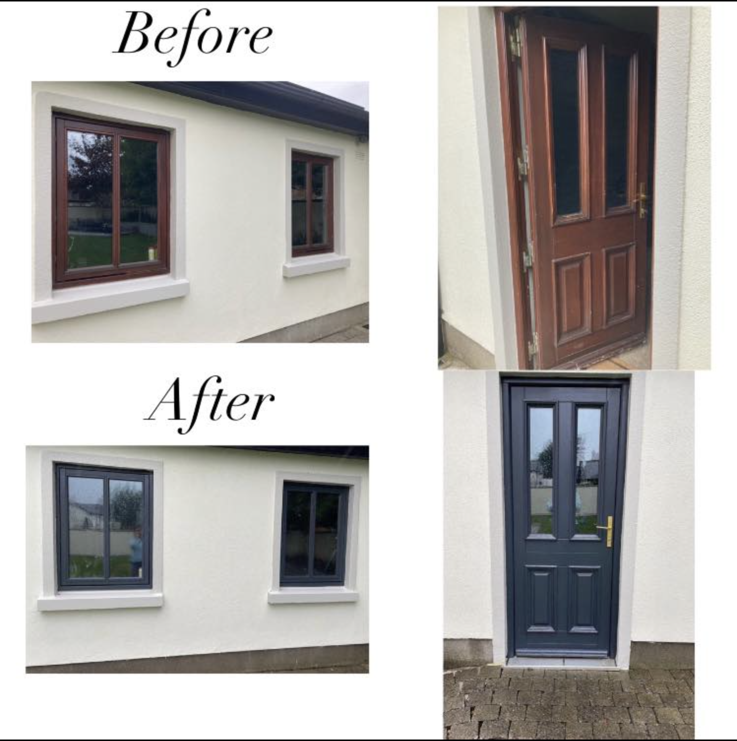 Comparison of house exterior and doors, showing before and after renovation. Top images show the old wooden door and window frames. Bottom images display the updated, painted dark blue door and windows.