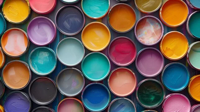 Collection of open paint cans with various colors.