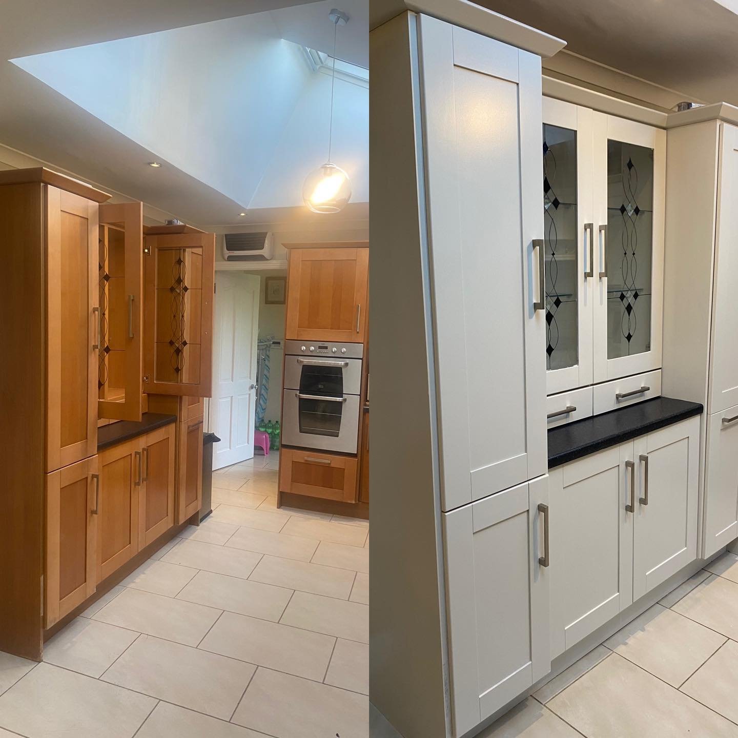 Comparison of two kitchen cabinets: the left side shows wooden cabinets with glass-paneled doors and open shelves, while the right side shows white cabinets with solid doors and black countertops.
