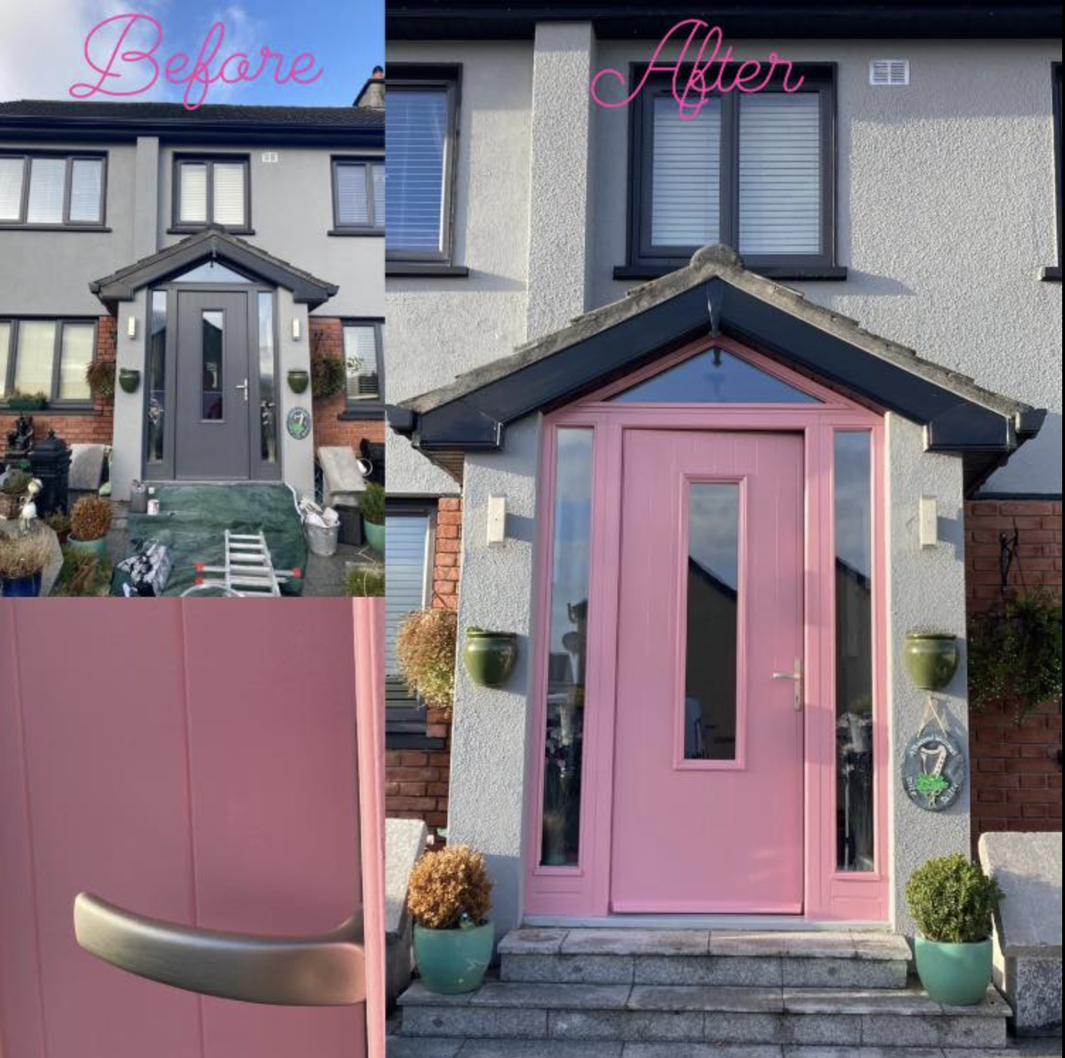 Side-by-side images labeled 'Before' and 'After'. The 'Before' shows a house with a dark gray door and front steps filled with various objects and tools for renovation. The 'After' shows the same house with a newly painted pink front door and matchin