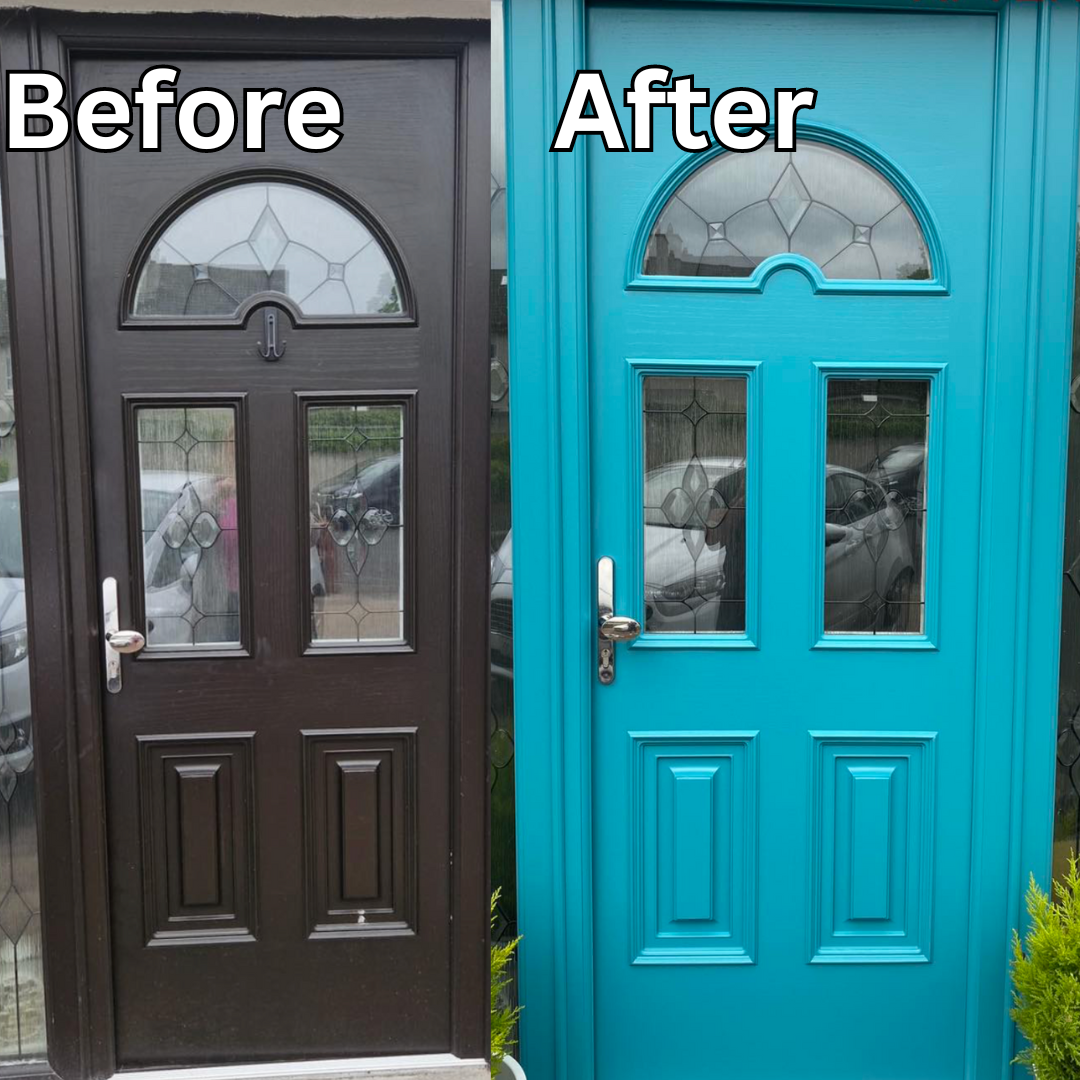 Comparison of a black door labeled 'Before' and a bright blue door labeled 'After', both with decorative glass panels and a metallic handle, installed in front of a glass window or door.