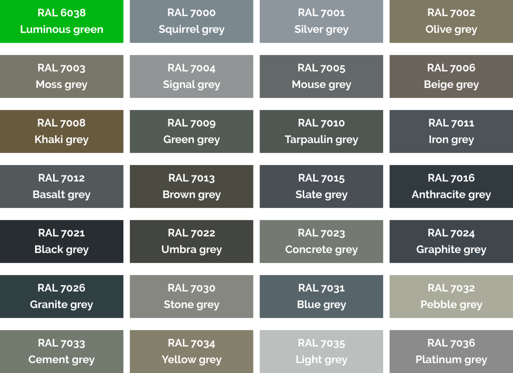 Color chart showing various shades of grey and green, each labeled with RAL color codes and names, including luminous green, squirrel grey, silver grey, olive grey, moss grey, signal grey, mouse grey, beige grey, khaki grey, green grey, tarpaulin gre
