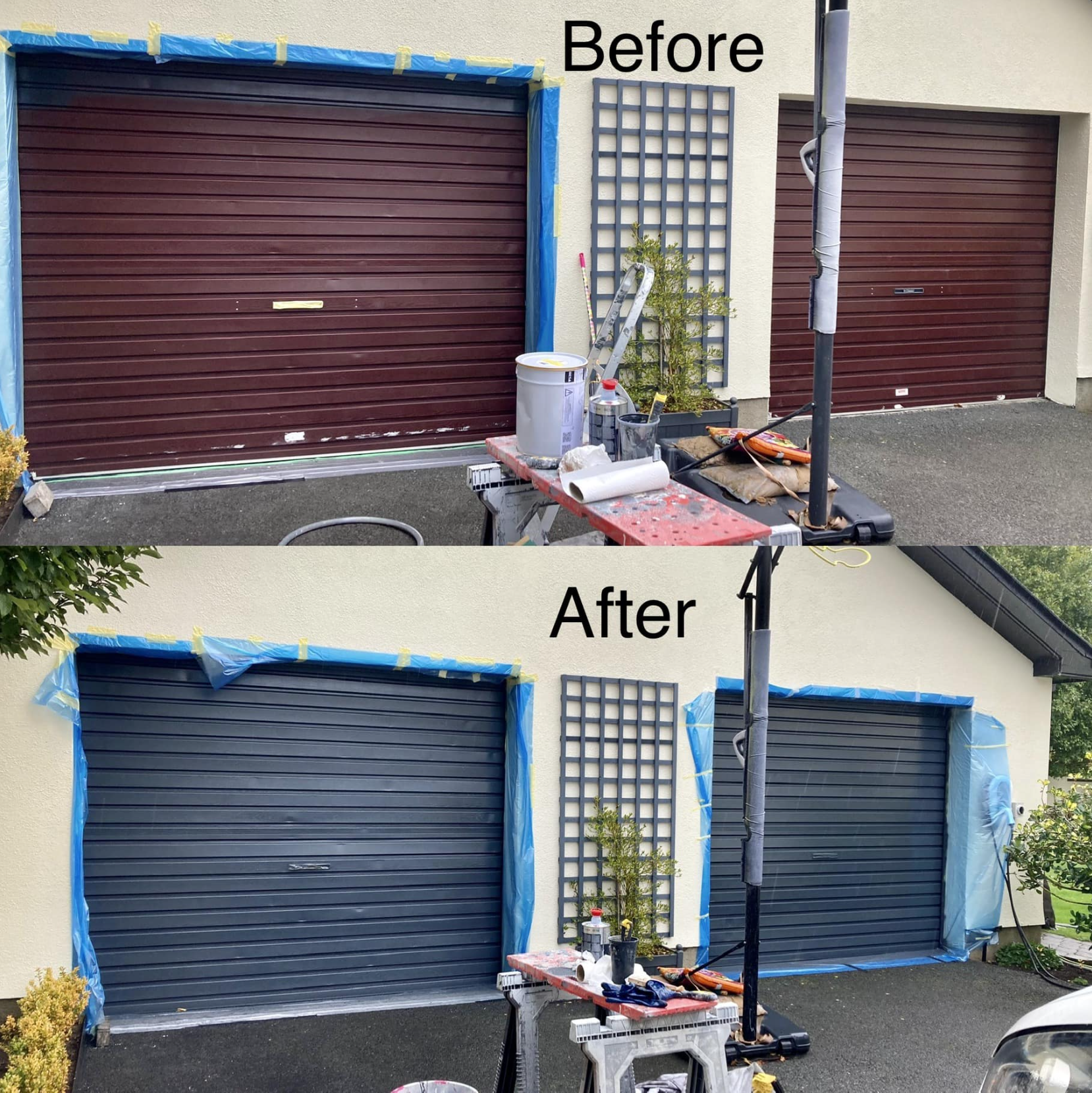 Comparison of a garage door before and after painting. The 'Before' image shows a brown, horizontal-slatted garage door with painting supplies in front. The 'After' image shows the same garage door now painted a dark gray, with painter's tape and pla