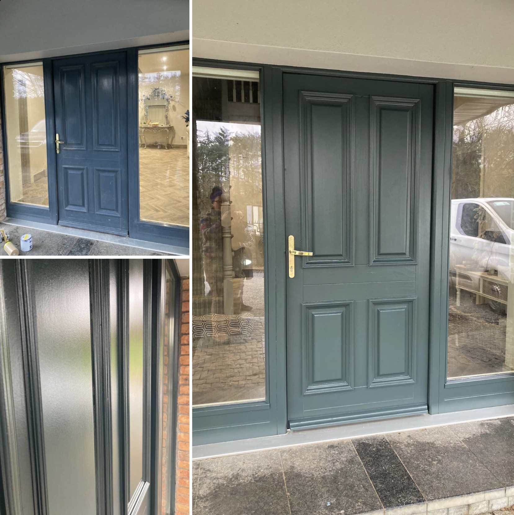 A collage of three photos showing a dark green front door and glass sidelight windows. The door has decorative panels and a gold handle, and the glass shows reflections of the outside environment.