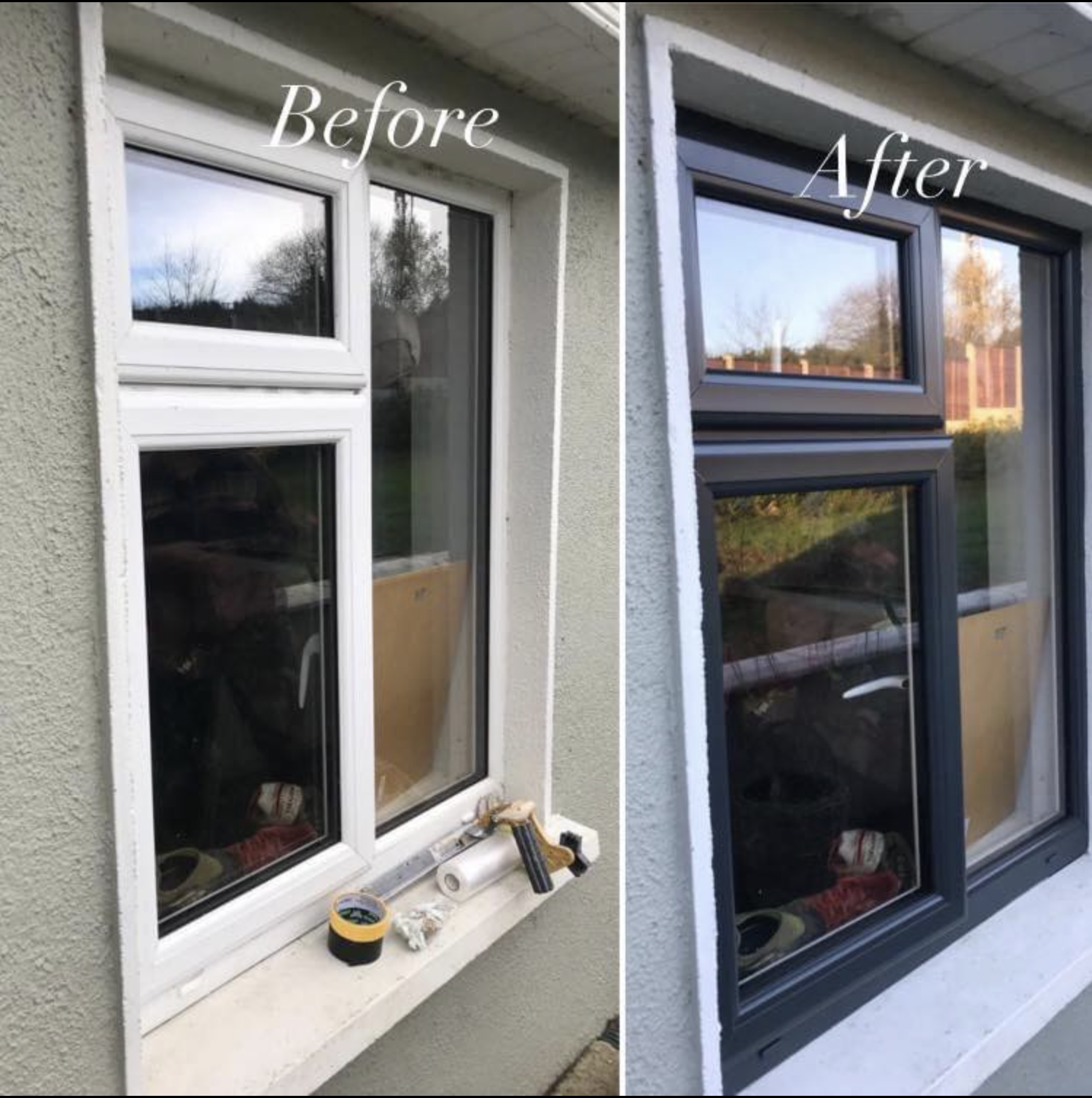 Comparison of a window before and after installation. The left shows an old white window frame, and the right shows a new dark gray window frame.
