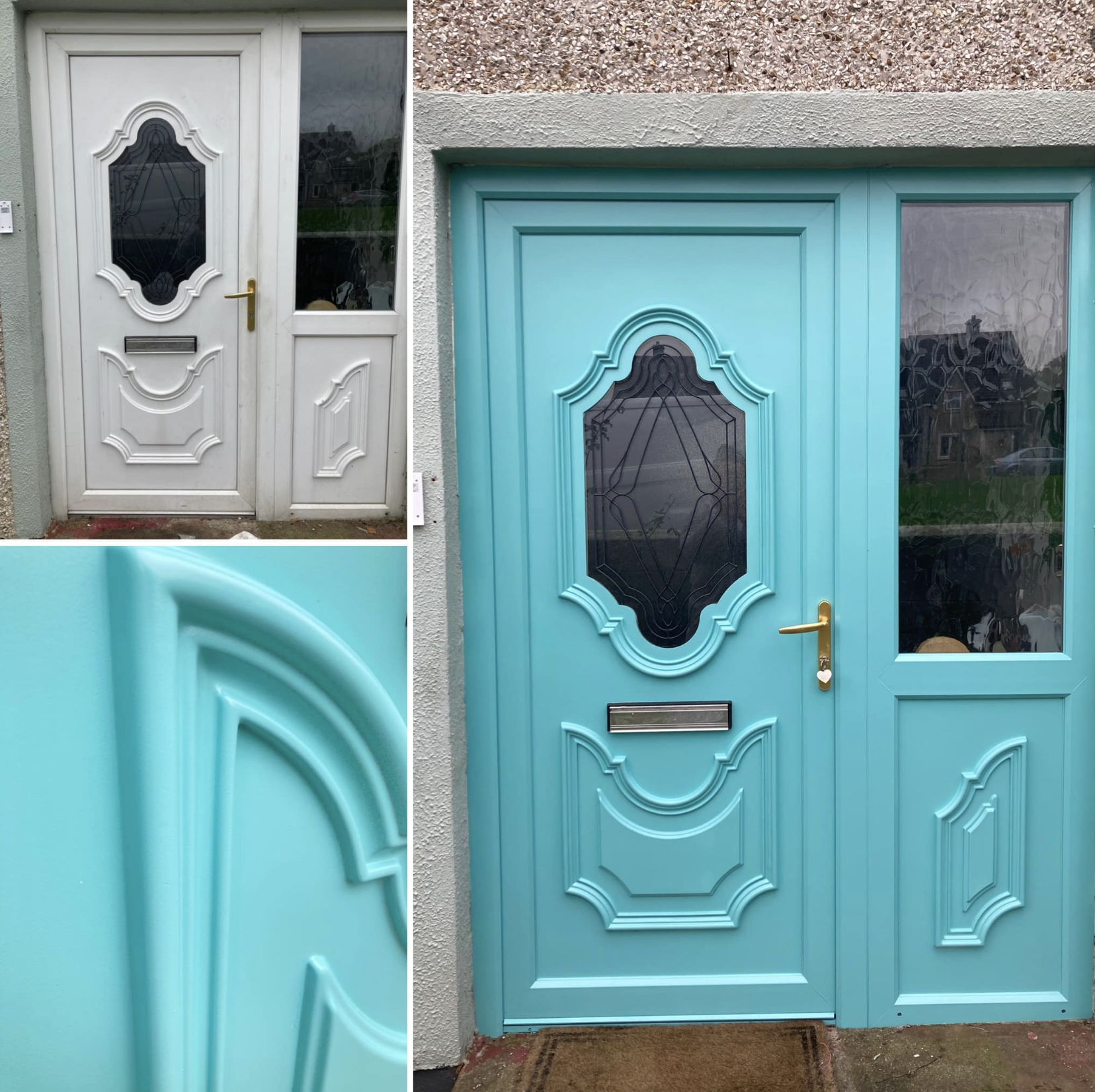 Comparison of two front doors with ornate molding, one white and one turquoise, with a close-up of the turquoise door's decorative molding.