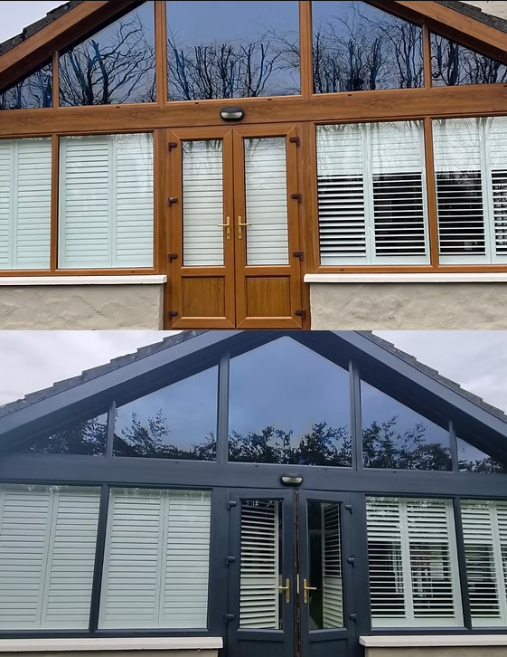 Comparison of a house window with wooden frame and white shutters above, and the same window with a dark gray modern frame below.