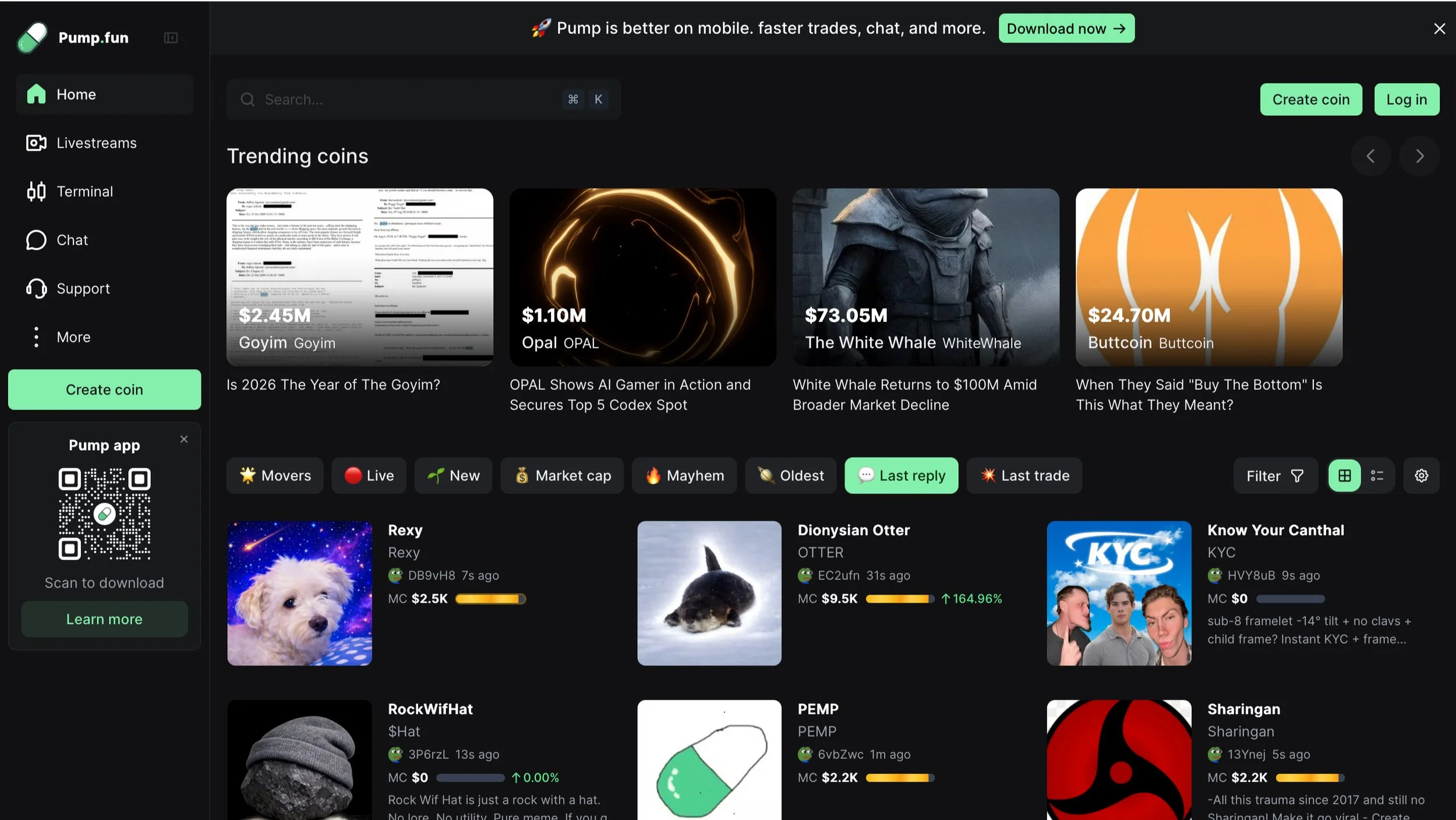 Pump.fun platform dashboard showing live token listings and Solana launch environment related to Pump.fun Volume Bot analysis