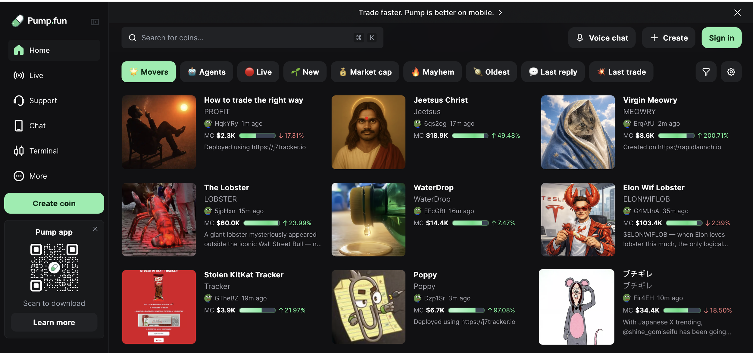 Pump.fun dashboard showing trending memecoin tokens, market activity, and Solana token launch ecosystem interface