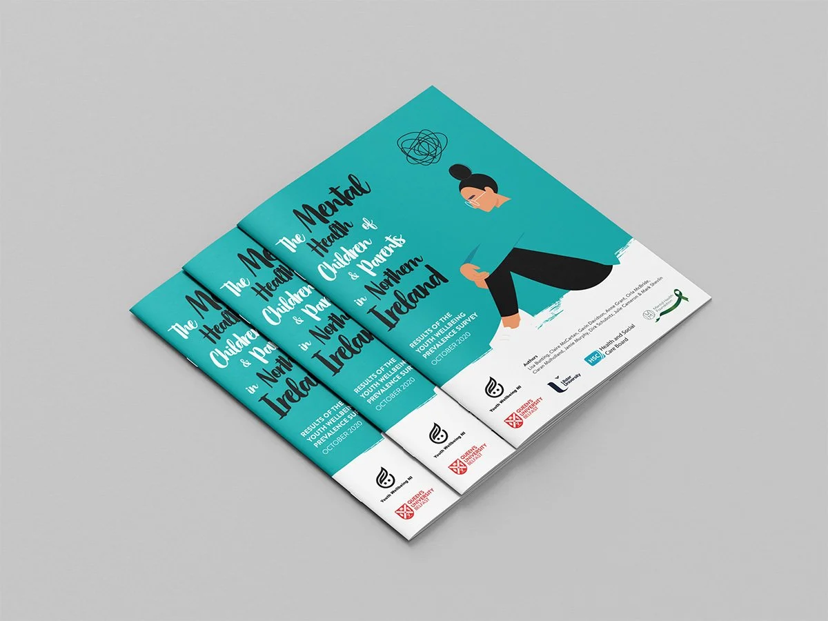 A brochure titled 'The Mental Health of Children & Parents in Northern Ireland' with a cartoon illustration of a woman with glasses and a bun, looking stressed with a scribble and swirl above her head, on a light grey background.