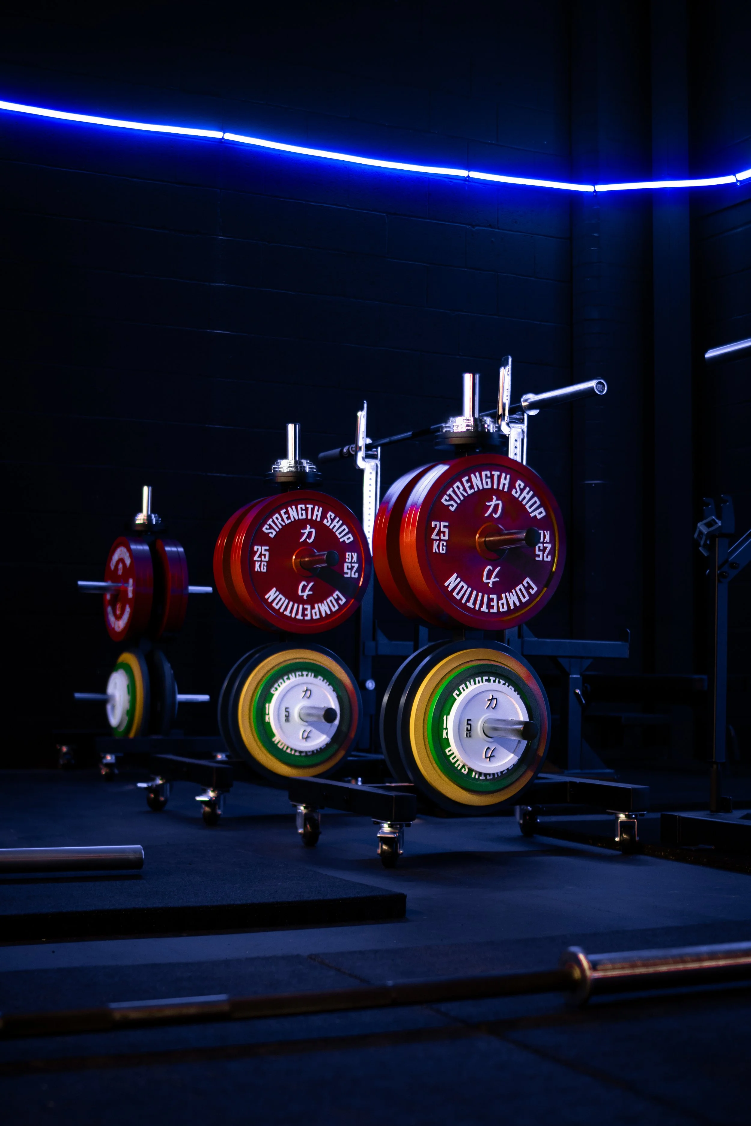 Weightlifting plates arranged on a rack in a gym, with neon blue lighting on dark walls.