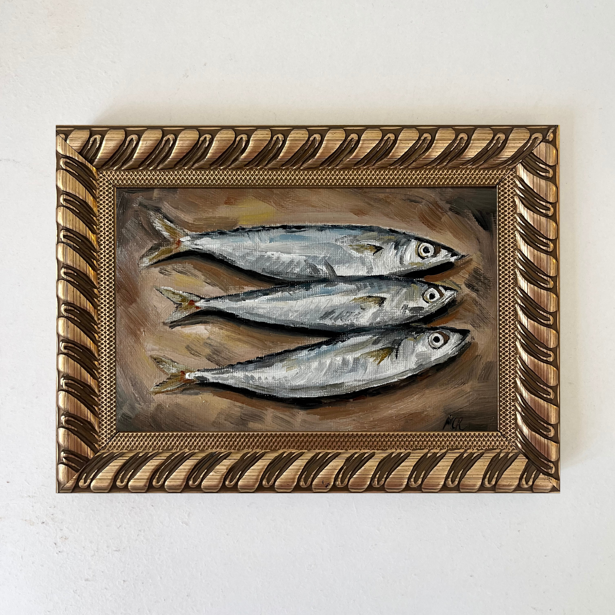 "Three sardines" - 4x6 Inch Oil Painting In Vintage Frame