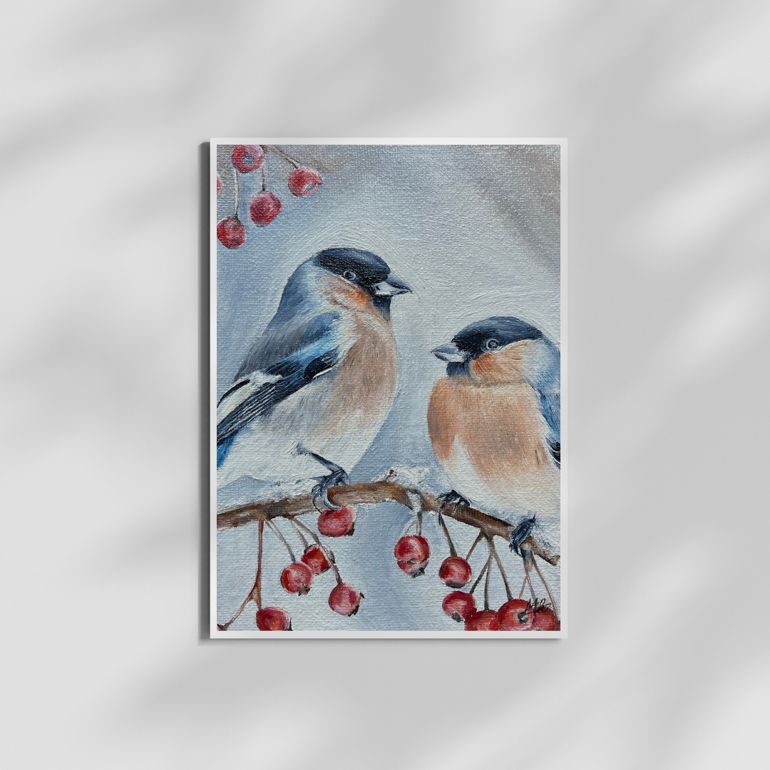 Print of Original Oil Painting "Bullfinches on Winter Berries"