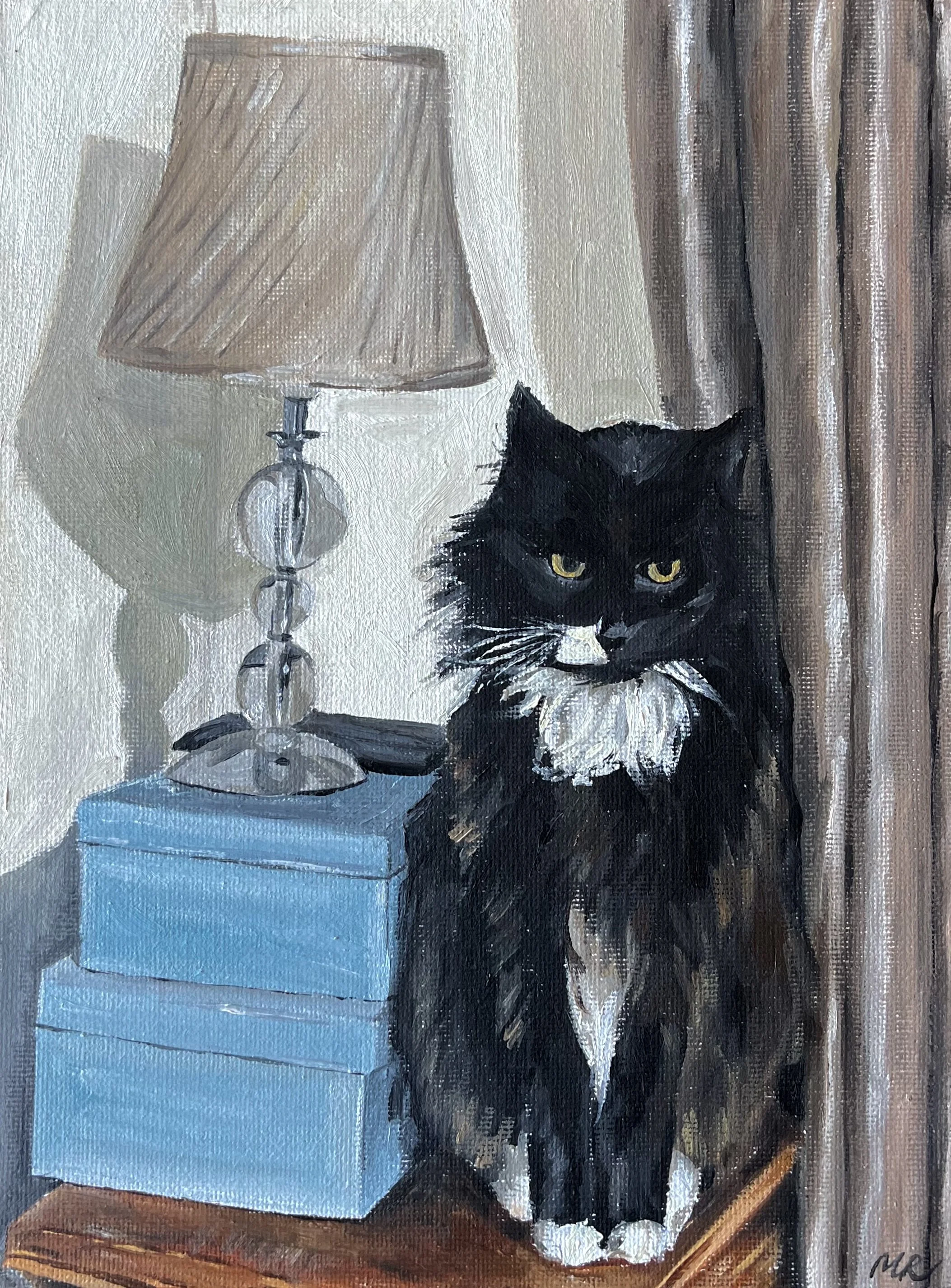 Cat On A Bedside Table | 7x9 inch Original Oil Painting