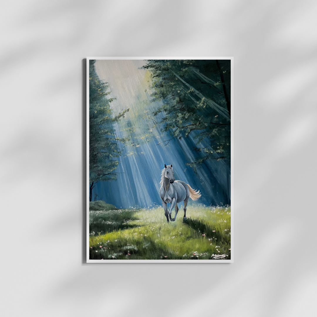 Print of Original "White Horse In A Sunlit Forest" Oil Painting.