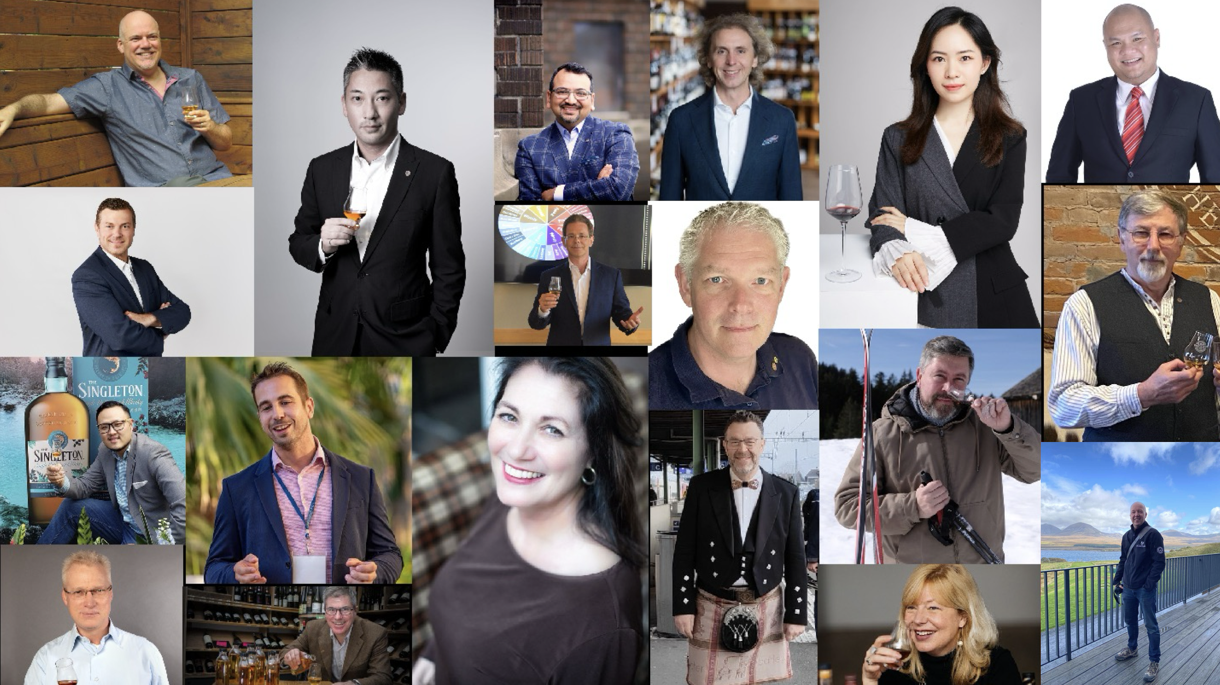 A collage of various people in different settings, including professionals, individuals outdoors, at a bar, and at an event, many holding drinks.