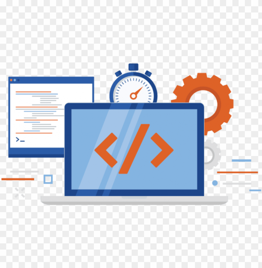 Digital illustration of a laptop with code brackets on the screen, surrounded by a stopwatch, a gear, and a programming window.