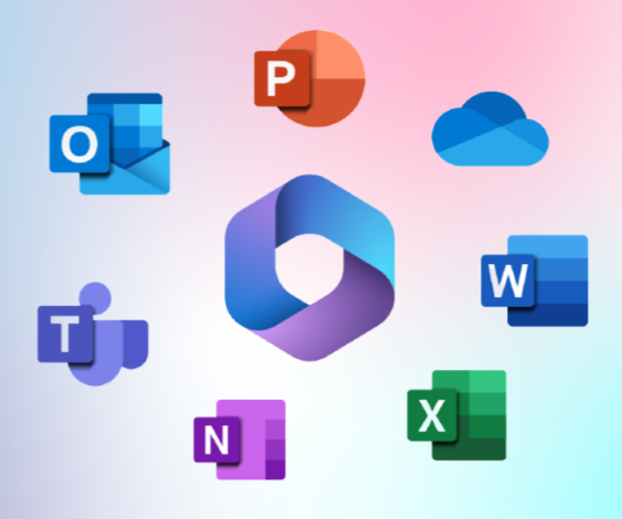 Collection of icons representing Microsoft Office applications including Outlook, PowerPoint, OneDrive, Teams, Word, Excel, and OneNote.