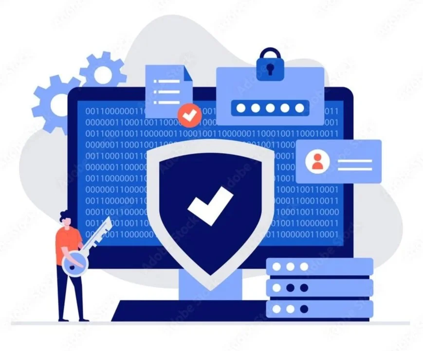Digital security with shield, binary code, lock, user profile, server, and gears.