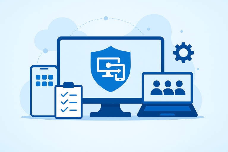Digital security illustration featuring a computer monitor with a shield and lock symbol, smartphone, clipboard with checkmarks, laptop with user icons, and gear icon.