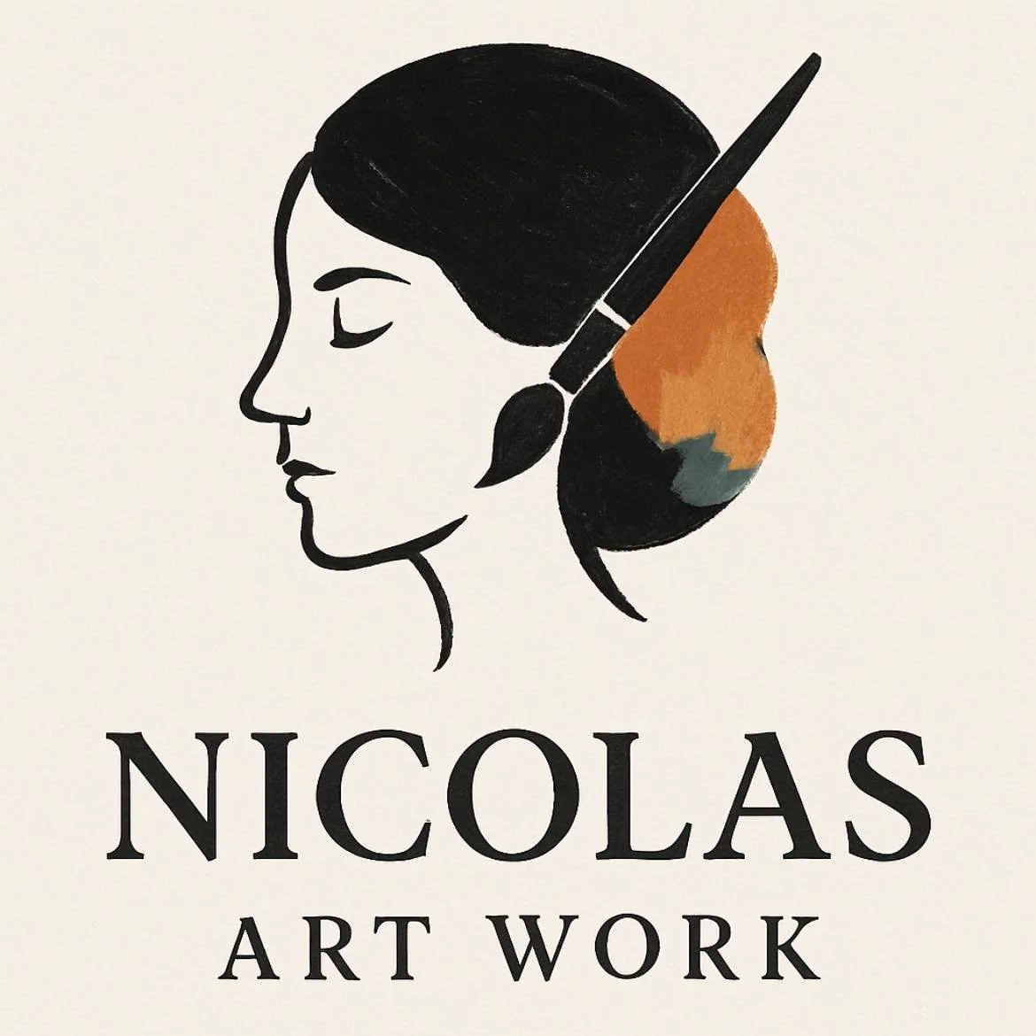 Line drawing of a woman's profile with closed eyes, black hair, and a brown and green flower in her hair, with 'Nicolas Art Work' text below.