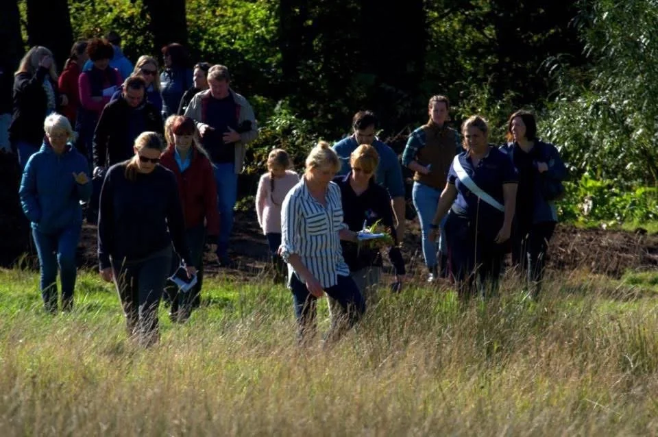 Group of people walking outdoors on a grassy field surrounded by trees.