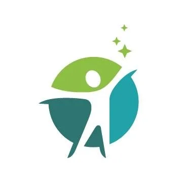 Abstract logo featuring a stylized person reaching upward, with star shapes above, in green and blue colors.