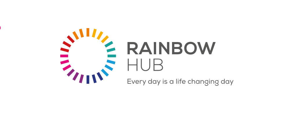Logo for Rainbow Hub with a colorful circular graphic and the tagline, 'Every day is a life-changing day'.