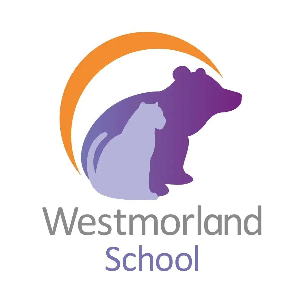 Logo for Westmorland School featuring stylized silhouettes of a bear and a mountain range in purple and orange.