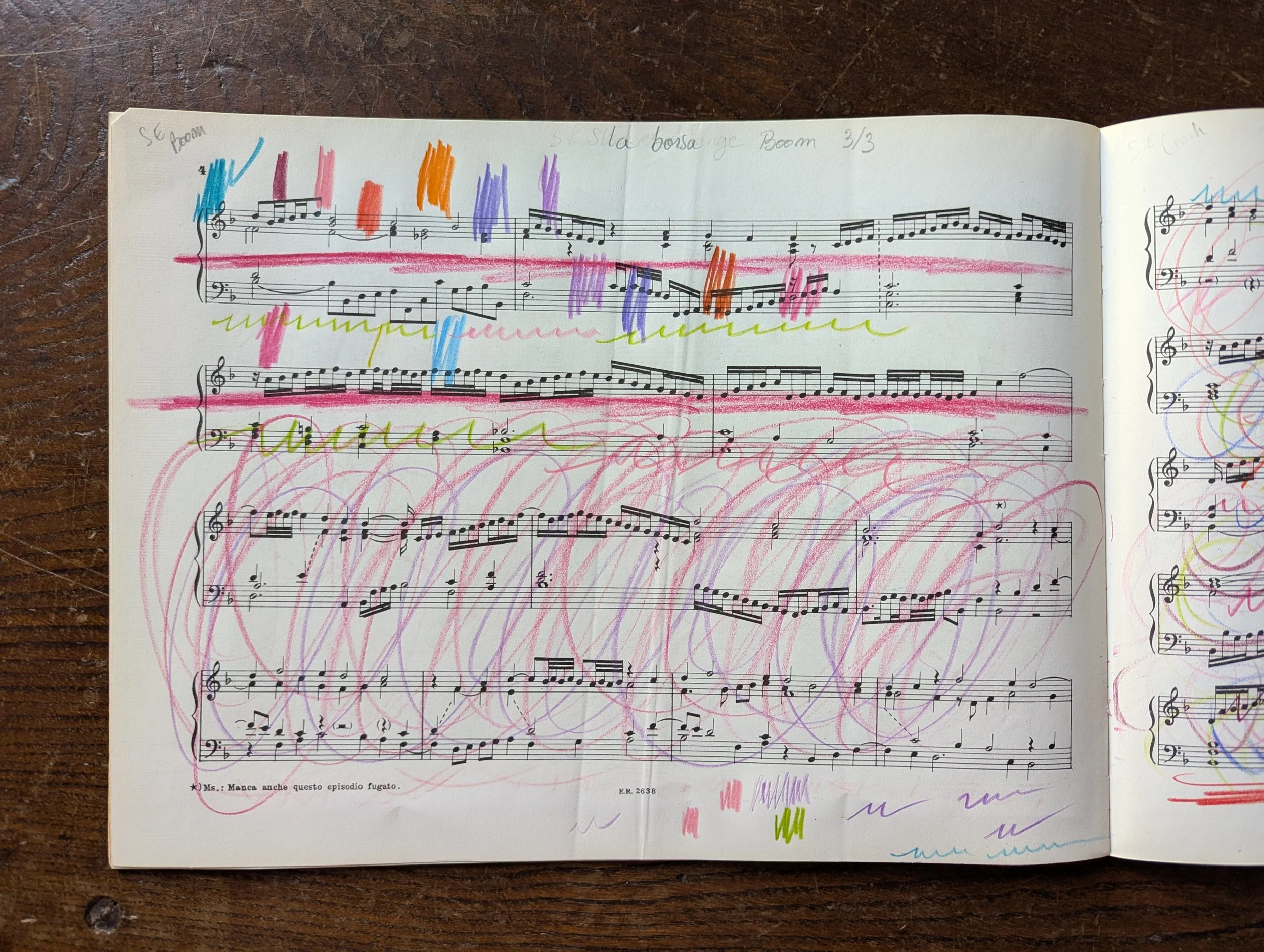 Sparito della borsa, Boom - Pentaptych 3/5, from the series  Michelangelo Antonioni, based on The Eclipse (1962).  2026. Coloured crayons on musical score.