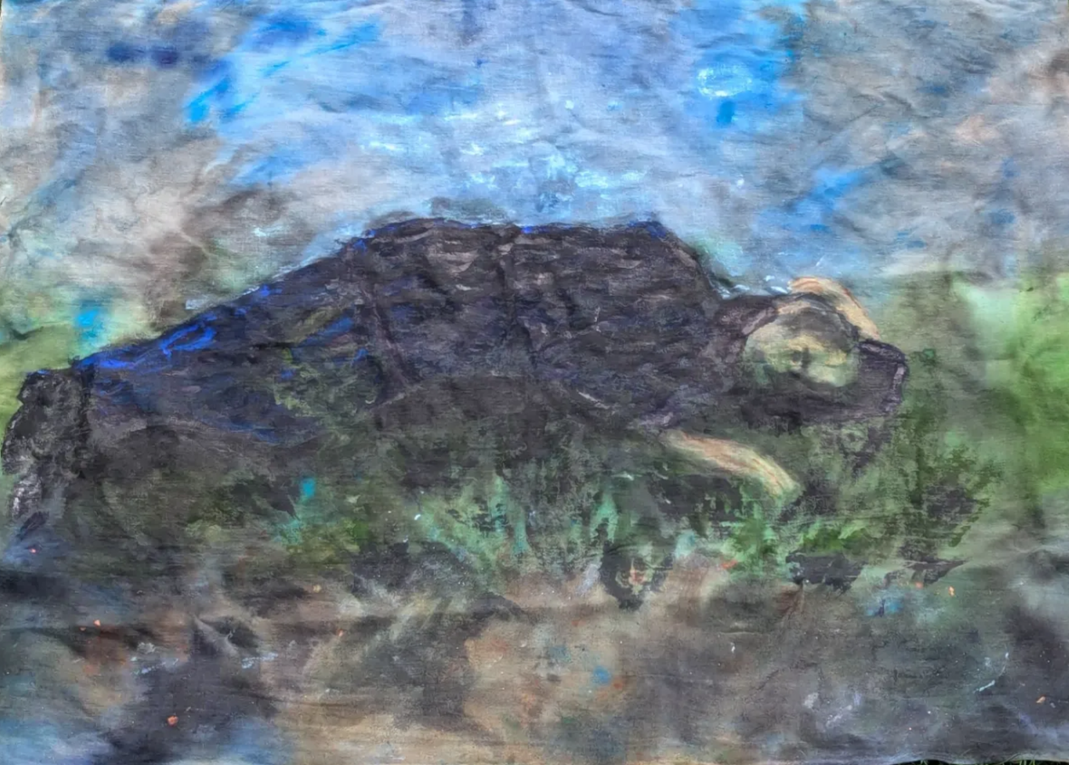 The writer
from the series  Andrei Tarkovsky, based on Stalker (1979).  2026. Watercolour and ink on untreated hemp canvas, 215 x 147 cm/ 85 x 58 in.