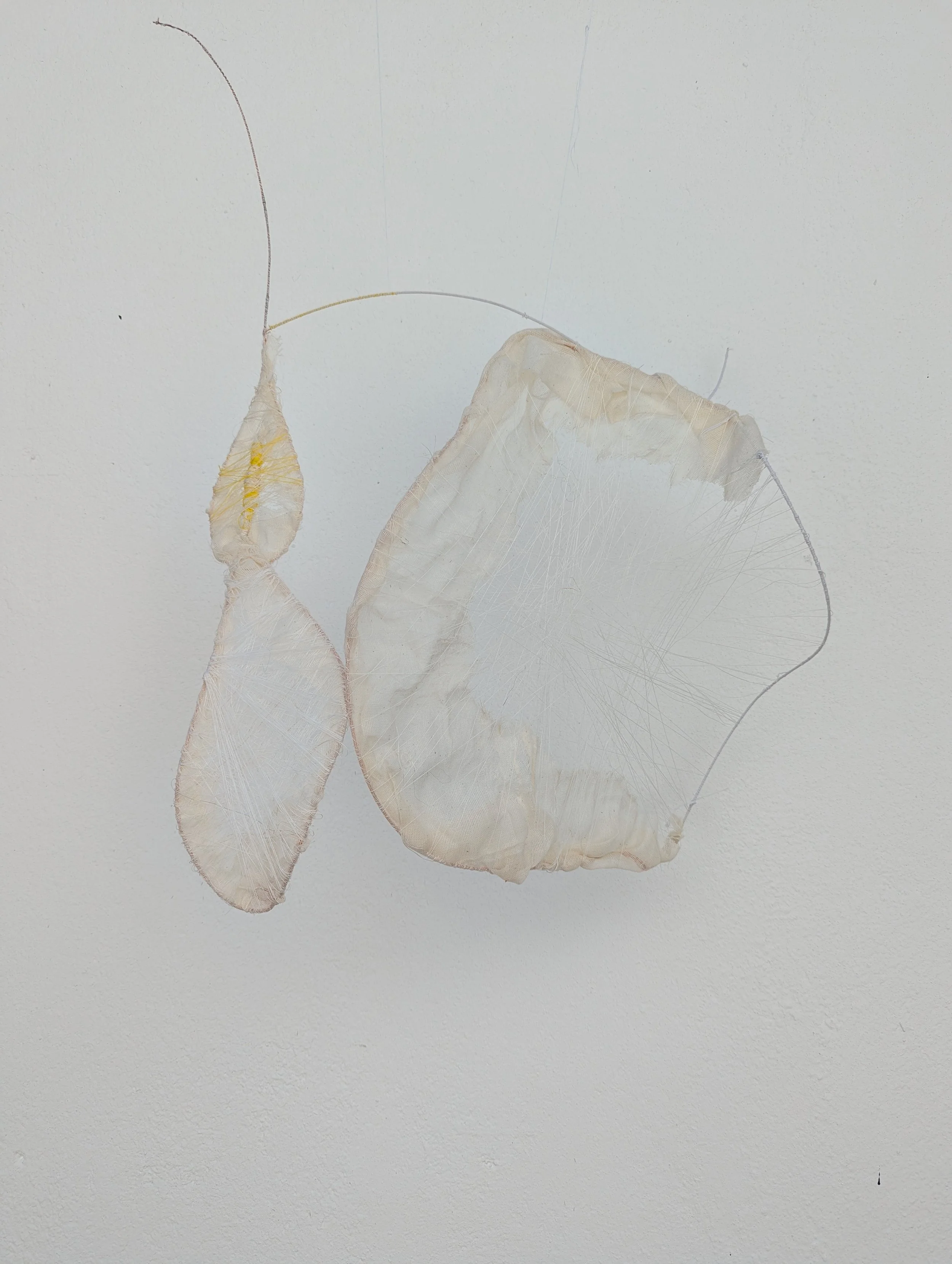 'Vedi la candela?' -  based on 'Nostalghia' (1983), a film by Andrei Tarkovsky.   2026. Metal rods, untreated muslin, cotton threads. 61 cm x 43 cm / 24" x 17". Photograph taken on a white flat wall (please see the other photographs on different back