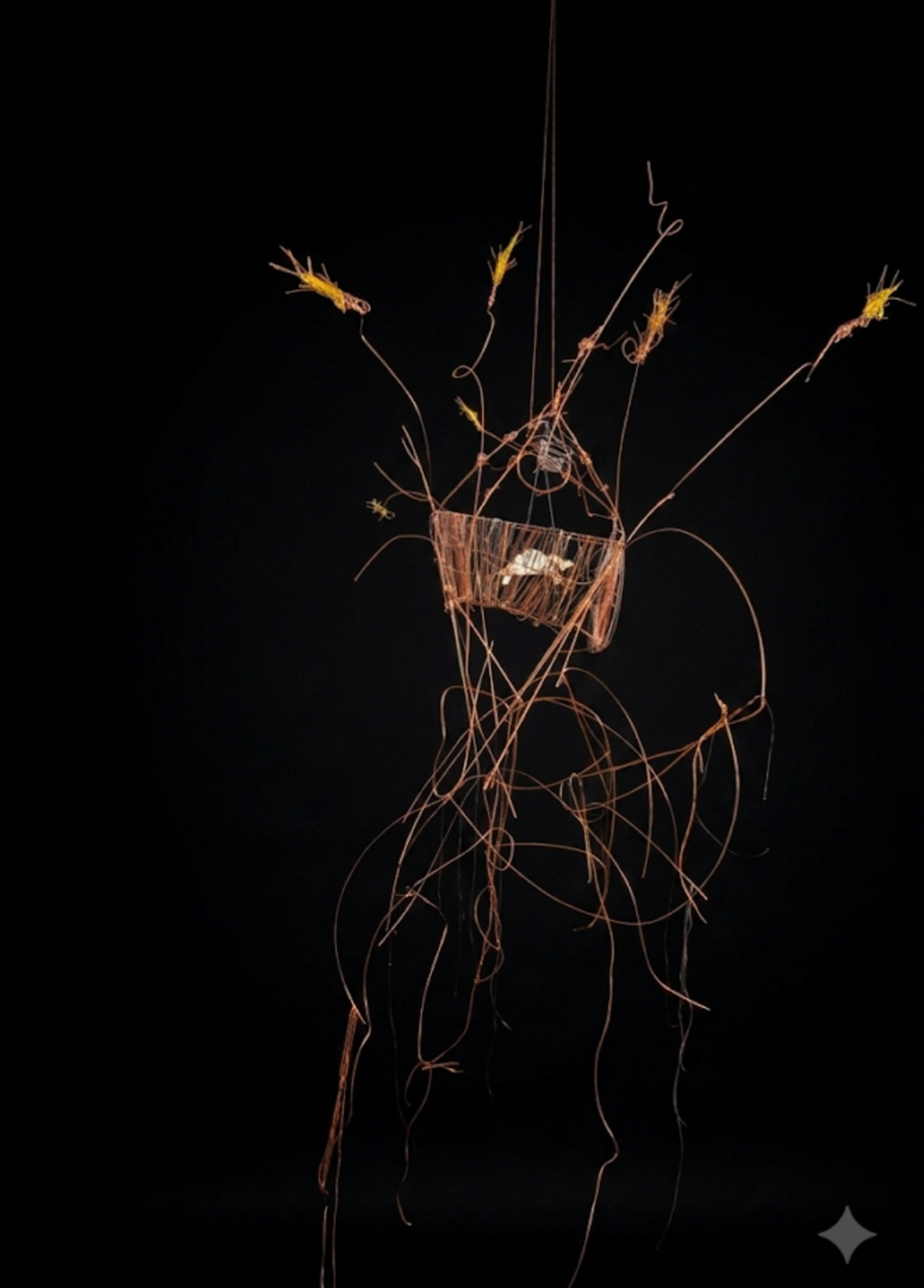 'There's nothing to fear, don't be afraid' -  based on 'The Sacrifice' (1986), a film by Andrei Tarkovsky.   2026. Metal rods, untreated muslin, cotton and wax threads. 193 cm x 92 cm / 76" x 3". Photograph of the whole sculpture using black ai backg