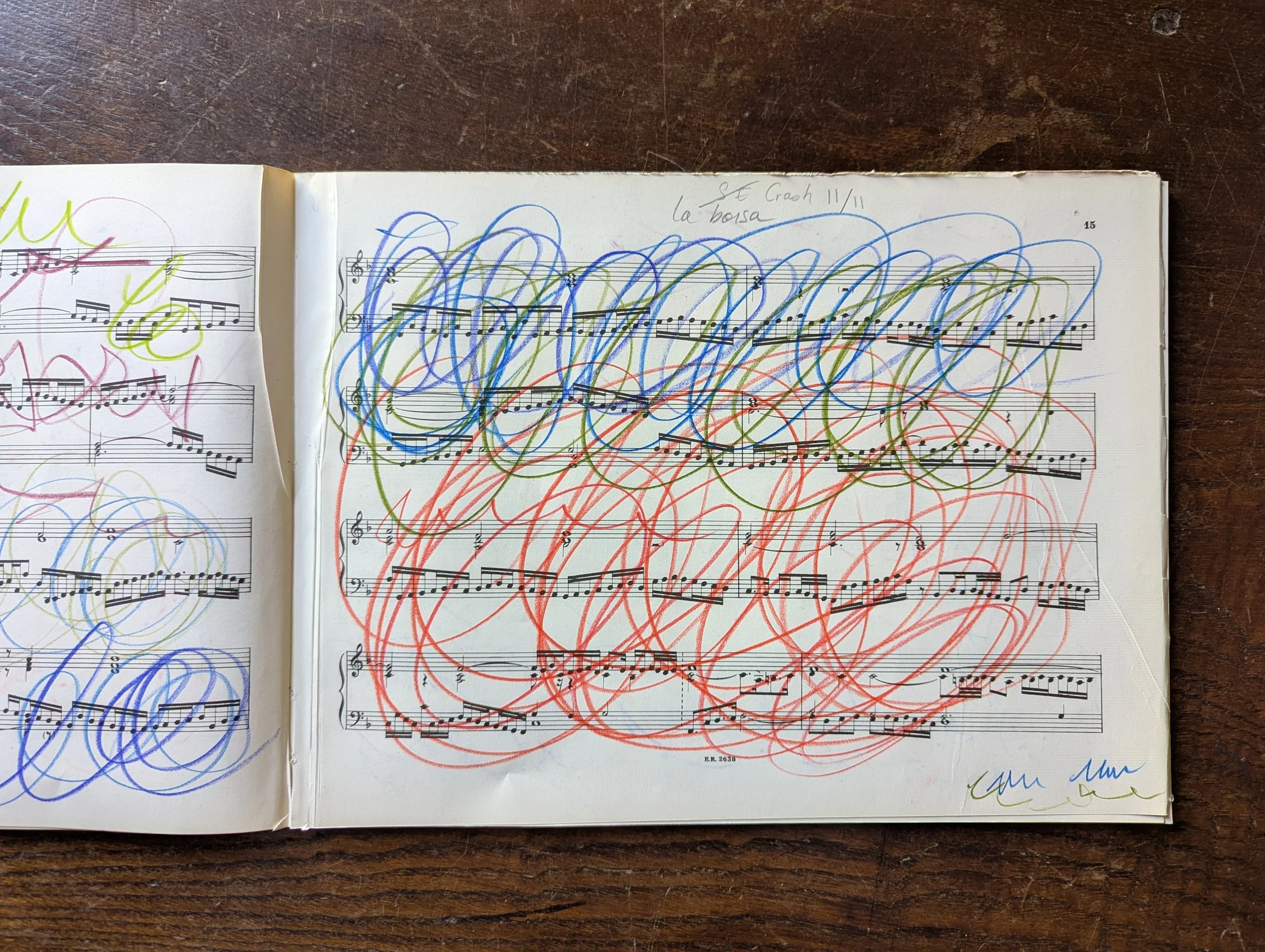 Sparito della borsa, Crash - Pentaptych 4/5, from the series  Michelangelo Antonioni, based on The Eclipse (1962).  2026. Coloured crayons on musical score.