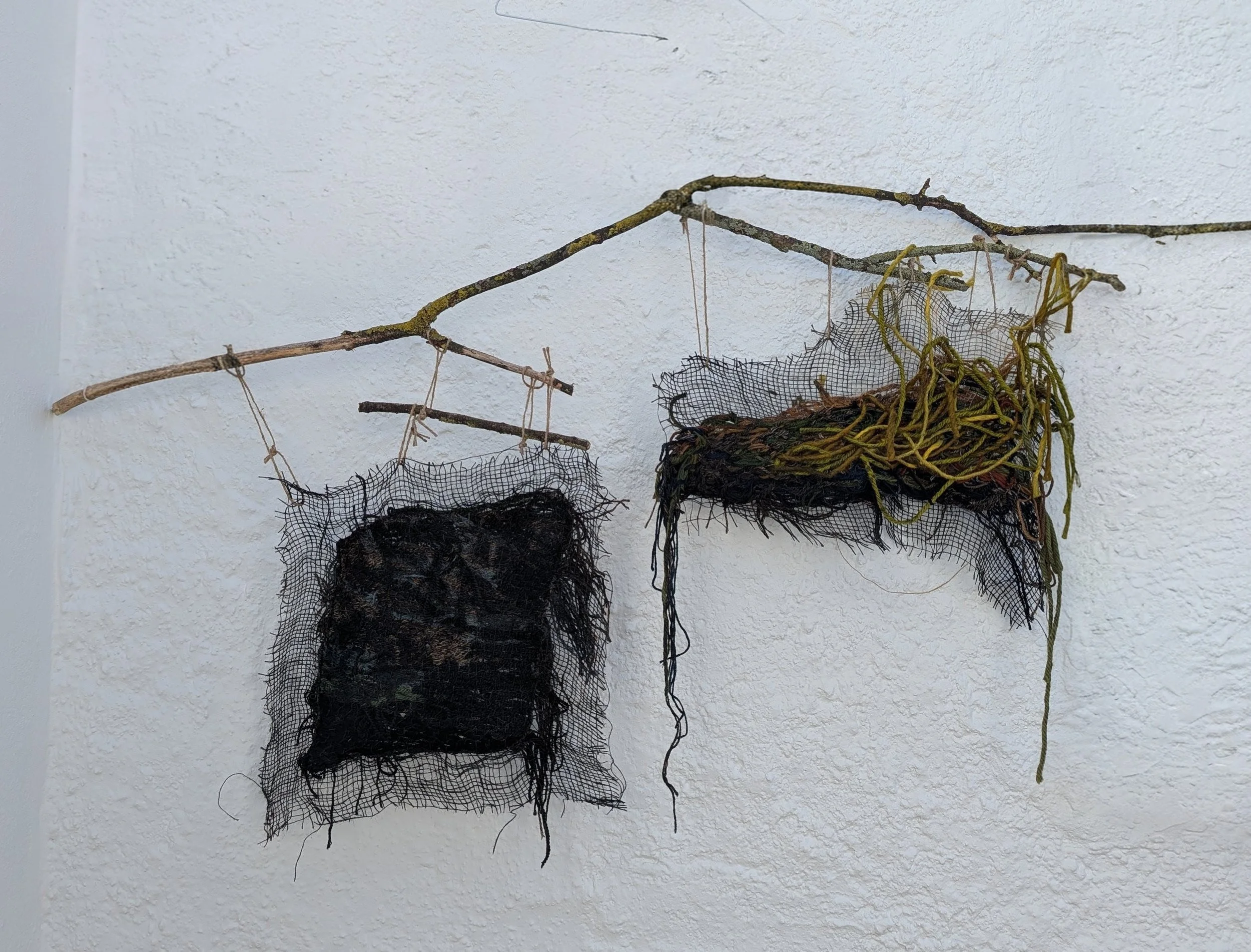The Deep Waters of Memory -  based on 'Solaris' (1972), a film by Andrei Tarkovsky.   2026. Branche, twigs, untreated jute, shetland wool, recycled wool, extra fine ink, 134 cm x 96,5 cm / 53" x 38".