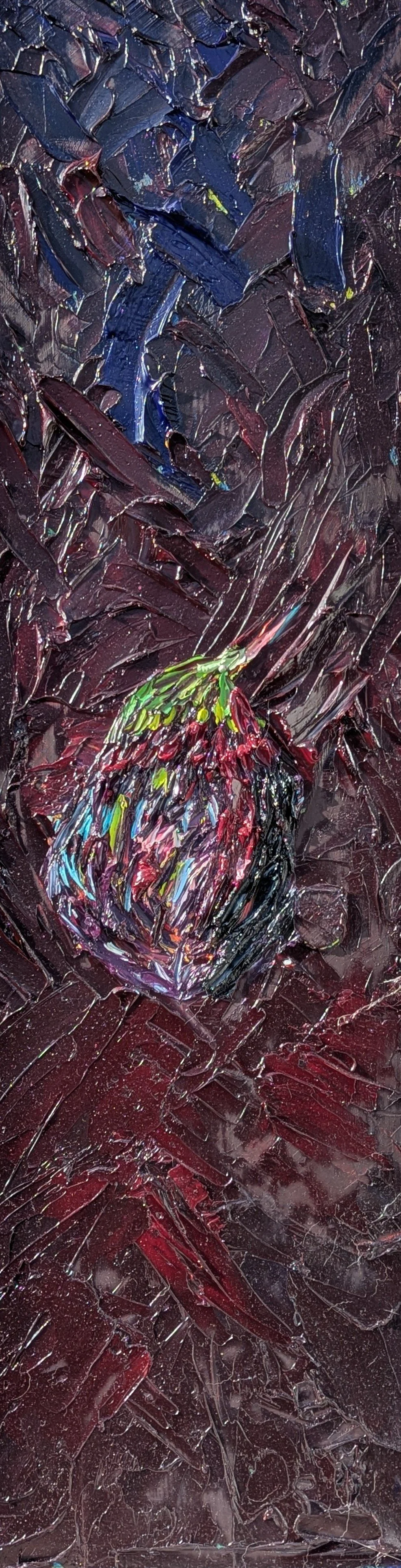 Before the apple, 2025, oil on wood, 82,5 x 24 cm / 32.5 x 9.5 in.