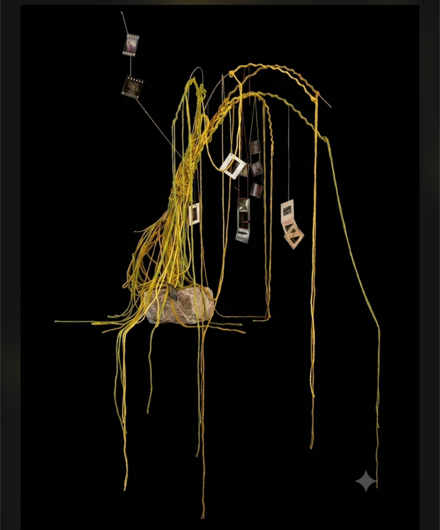 Memory Tree -  based on Andrei Tarkovsky's films.   2026. Metal rods, a large stone, vintage (70s) slides representing family members, flowers, Church stained glass, the sky, a rainbow, broken memory, forgotten events, and Shetland wools. 89 cm x 86 