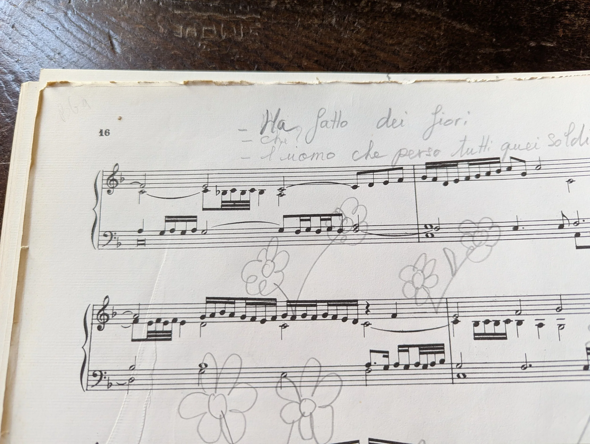 Sparito della borsa, Fiori - Pentaptych 5/5, from the series  Michelangelo Antonioni, based on The Eclipse (1962).  2026. Pencil on musical score.