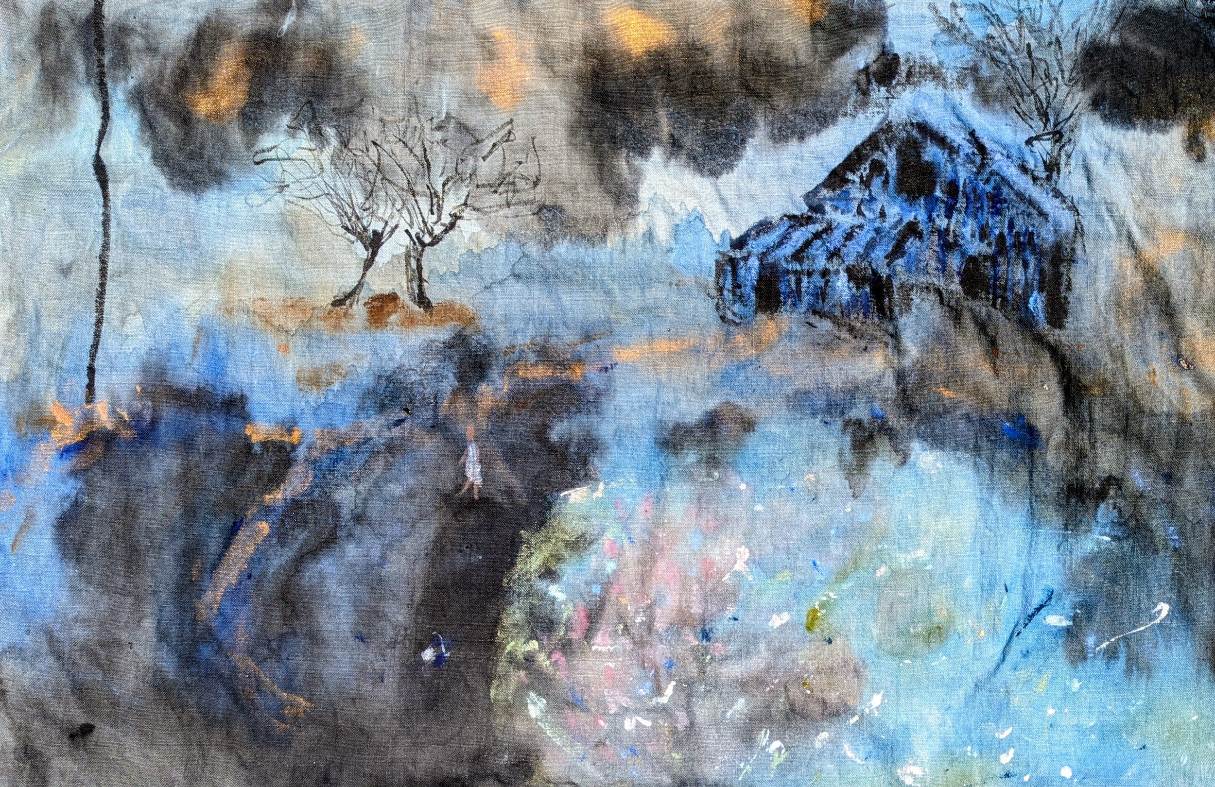 - Farewell, house! Farewell, old life!
- Hail, new life! 
from the series  Andrei Tarkovsky, based on Nostalgia (1982-83).  2026. Watercolour and ink on untreated hemp canvas, 145 x 91 cm/ 57 x 36 in. (Title from a dialogue between Anya & Trofimov, i