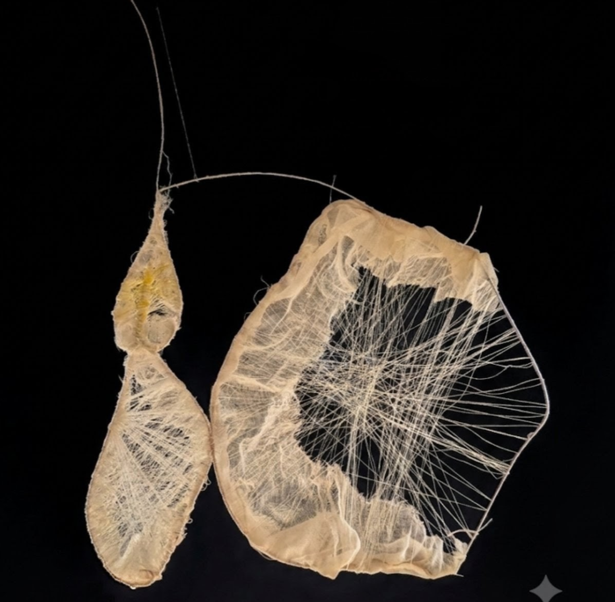 'Vedi la candela?' -  based on 'Nostalghia' (1983), a film by Andrei Tarkovsky.   2026. Metal rods, untreated muslin, cotton threads. 61 cm x 43 cm / 24" x 17". Photograph with an added black AI background (please see the other photographs on differe